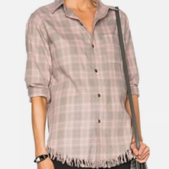 Current/Elliott Prep School Fray Button Up pink/gray plaid sz 0 - Picture 1 of 11